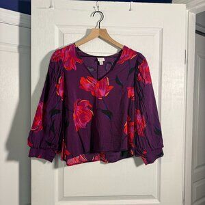 NWOT - A New Day Floral 3/4 Sleeve Top - Size Medium - Plum/Red/Orange